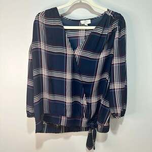 LOFT Plaid Faux Wrap Surplice Blouse Top 3/4 Sleeve, Sz L